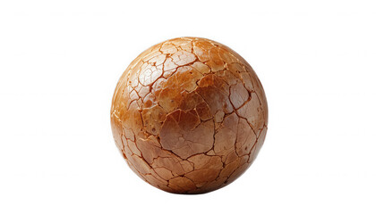 A singular perfectly spherical object featuring a beautifully textured cracked brown surface suggesting dried earth or ancient pottery on transparent background