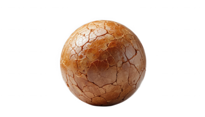 A singular perfectly spherical object featuring a beautifully textured cracked brown surface suggesting dried earth or ancient pottery on transparent background