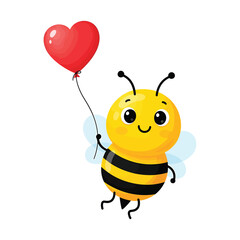 Obraz premium Cute Bee Flying with Heart Balloon, Adorable Love Illustration on White Background