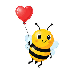 Cute Bee Flying with Heart Balloon, Adorable Love Illustration on White Background