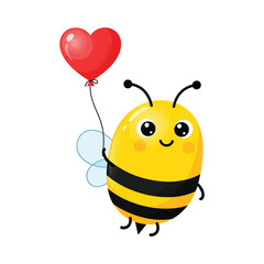Obraz premium Cute Bee Flying with Heart Balloon, Adorable Love Illustration on White Background