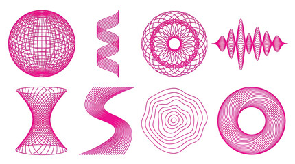 Abstract geometric wireframe shapes set including sphere, helix, torus, and wave forms isolated. Futuristic pink line art for digital design and pattern projects.