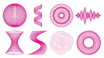 Abstract geometric wireframe shapes set including sphere, helix, torus, and wave forms isolated. Futuristic pink line art for digital design and pattern projects.