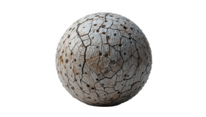 Detailed render of a heavily cracked and cratered dry earth sphere texture displaying severe surface erosion and dryness on transparent background