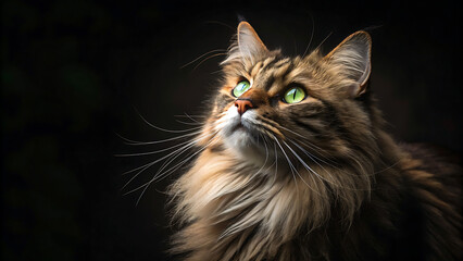 Majestic Long Haired Tabby Cat with Striking Green Eyes Looking Up