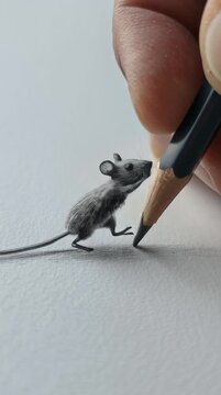 Creative cartoon animal template. A drawing of a mouse come to life and fighting tug of war with the pencil and hand. clip mov HD motion