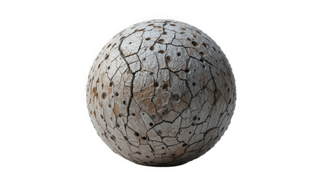Detailed render of a heavily cracked and cratered dry earth sphere texture displaying severe surface erosion and dryness on transparent background - Powered by Adobe
