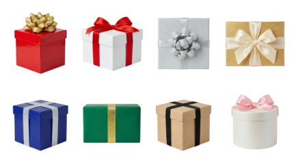 Gift box set including various shapes, colors, and ribbon styles like red, gold, silver, and blue isolated. Holiday and birthday present collection.