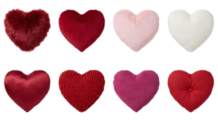 Heart shaped pillow set including plush, velvet, satin, knitted, and faux fur textures isolated. Valentines day home decor and bedroom accessories collection.