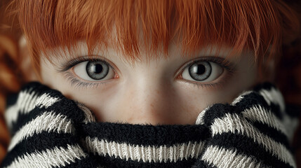 Cute little redhead girl in striped fuzzy sweater hiding her face