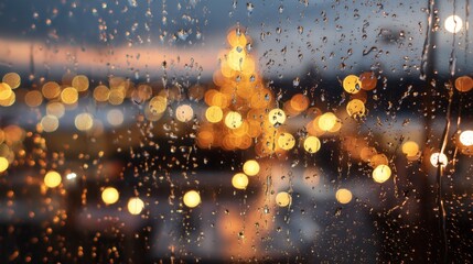 Blurred city lights through rainy window at sunset.