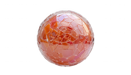 Gorgeous iridescent cracked glass sphere reflecting warm orange and pink light perfect for decorative elements on transparent background