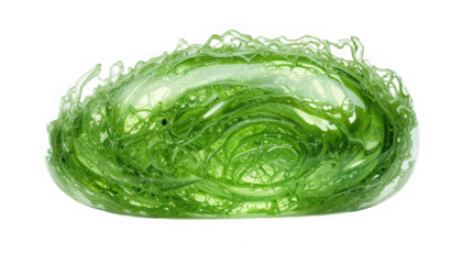 Abstract microscopic view of swirling vibrant green cellular structures resembling biological matter on transparent background