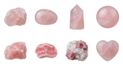 Rose quartz and pink gemstone set including rough, polished, heart, sphere, point, and rhodochrosite specimens isolated. Healing crystal and mineral collection.