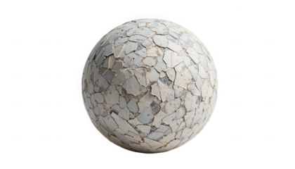Detailed three dimensional rendering of a cracked white and grey mosaic sphere texture resembling damaged ancient stone on transparent background