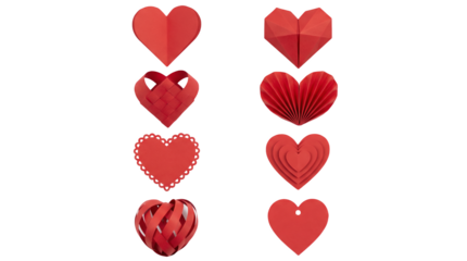 Red paper heart set including origami, woven, pleated, scalloped, and tiered designs. Valentine holiday and romantic craft collection.