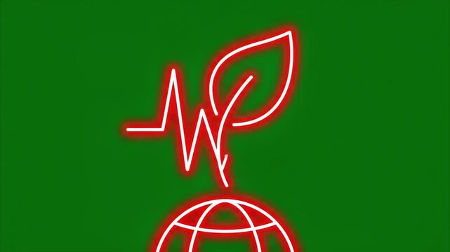 Neon globe with leaf logo glowing red on green background abstract concept for environmental