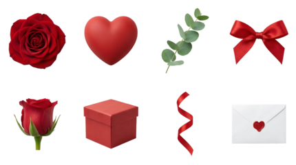 Valentine's day romantic set including red rose, heart, eucalyptus, bow, gift box, ribbon, and envelope with wax seal isolated. Love and anniversary celebration elements.