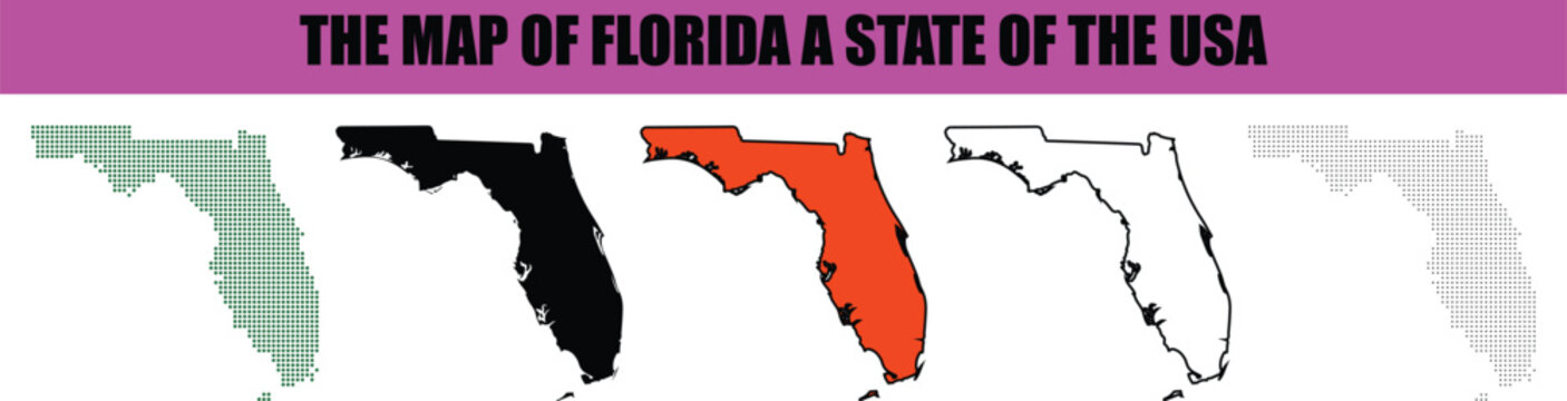 Silhouette, line art, dot, dotted, star art A comprehensive collection of diverse Florida maps showcasing various graphic styles including dotted solid and outline designs representing the United S.