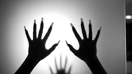 Silhouetted hands with long, sharp nails press against a bright, hazy, illuminated surface