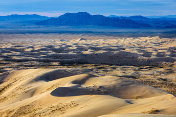 Kelso Dunes panoramic view at sunset Mojave Desert