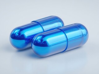 two shiny blue pills one featuring an empty label lie side by side on a clean white surface creating an intriguing medical concept