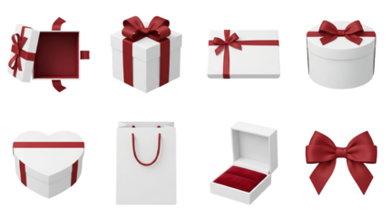 White gift box set including open, closed, square, round, heart shapes, jewelry case, and shopping bag isolated. Luxury packaging and celebration collection.