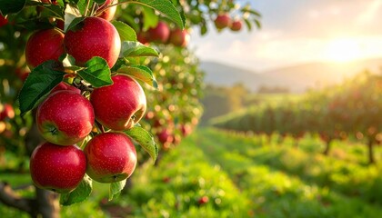 Fototapeta premium Ripe red apples in sunlit orchard showcasing natural abundance and scenic beauty of rural fruit cultivation