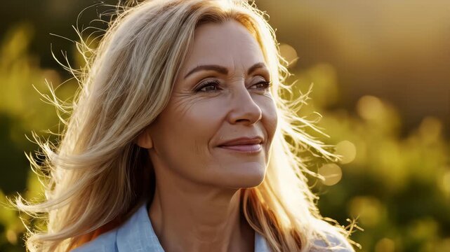 Close-up of beautiful middle aged woman enjoying warm wind blowing on her face with closed eyes, then opening eyes and looking away dreamily