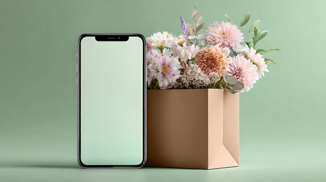 Eco-friendly paper bag filled with fresh flowers, accompanied by a smartphone with a blank white screen. Mockup for online flower orders and delivery services