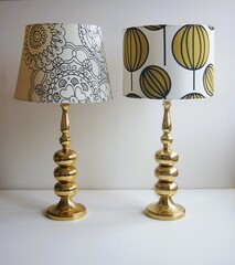 Pair of retro brass table lamps with design lampshades