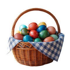 Easter sunday eggs in a woven basket isolated on transparent background