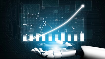 A robotic hand presents digital analytics with glowing graphs and charts symbolizing growth in technology and finance. Ideal for themes of innovation and advancement. Copula
