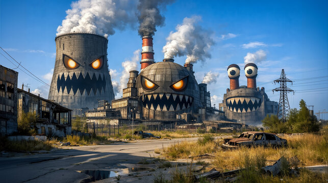 Satirical monster-faced toon power plant belching smog over abandoned industrial district: warning about toxic emissions and climate crisis