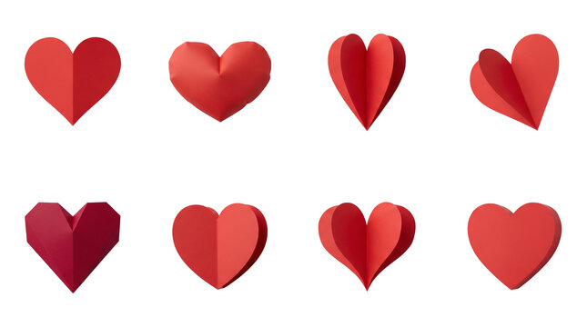 Red paper heart set including various origami, folded, and curved shapes isolated. Valentine's day decoration and romantic craft collection.
