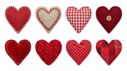 Red heart set including burlap, gingham, knit, polka dot, and patchwork fabric styles isolated. Valentines day and wedding craft collection.