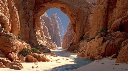 Fototapeta premium Serene Canyon Landscape with River and Orange Rock Formations
