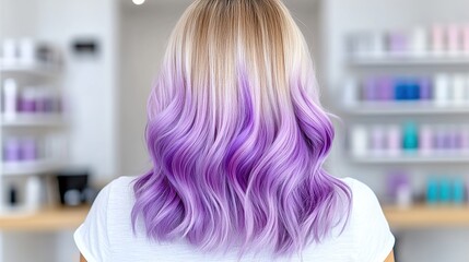 Woman with blonde hair color and a purple ombre effect in a modern salon, viewed from the back.