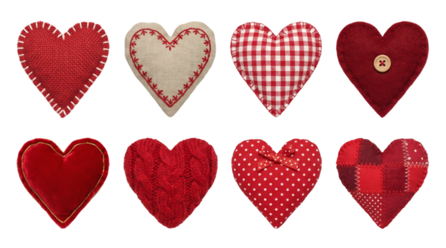 Red heart set including burlap, gingham, knit, polka dot, and patchwork fabric styles isolated. Valentines day and wedding craft collection. - Powered by Adobe
