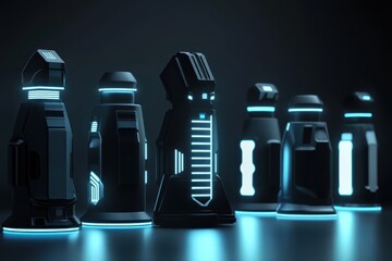 Sleek futuristic objects illuminated with neon light in a dark environment conveying innovation