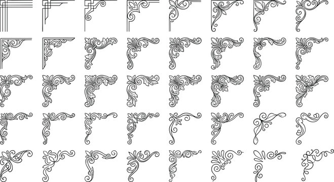Ornate corner icon set, decorative border flourishes and frame accents for graphic design layout - flat vector illustration