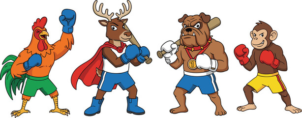 Fototapeta premium Animal boxer characters, anthropomorphic fighters, cartoon sports animals, competitive pose, creative illustration, unique outfits, flat vector illustration