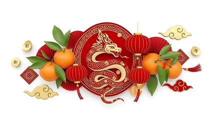 A detailed Chinese New Year celebration scene centered on an isolated white background, featuring traditional red lanterns glowing warmly, golden fu characters symbolizing blessings, horse fire