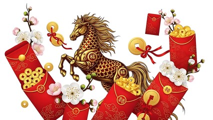 A detailed Chinese New Year celebration scene centered on an isolated white background, featuring traditional red lanterns glowing warmly, golden fu characters symbolizing blessings, horse fire