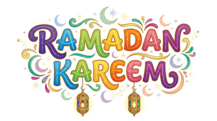 Naklejka premium Ramadan kareem concept shows colorful text reading ramadan kareem with decorative swirls and crescent moon shapes above the lettering