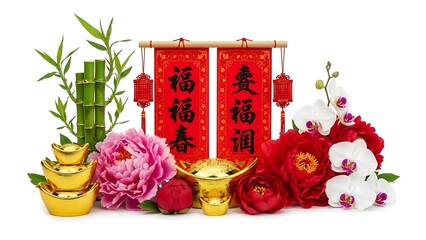 A detailed Chinese New Year celebration scene centered on an isolated white background, featuring traditional red lanterns glowing warmly, golden fu characters symbolizing blessings, horse fire