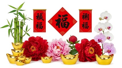 A detailed Chinese New Year celebration scene centered on an isolated white background, featuring traditional red lanterns glowing warmly, golden fu characters symbolizing blessings, horse fire