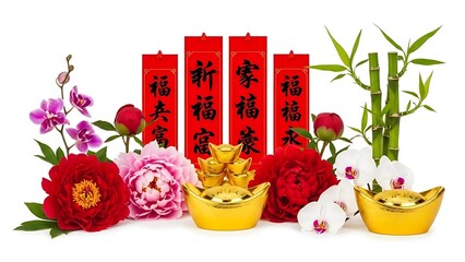 A detailed Chinese New Year celebration scene centered on an isolated white background, featuring traditional red lanterns glowing warmly, golden fu characters symbolizing blessings, horse fire