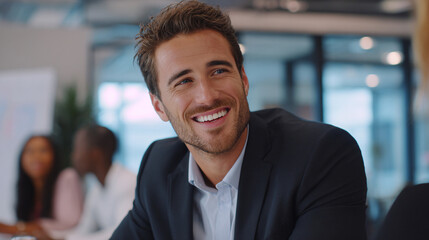 Obraz premium Portrait of a Successful and Happy Young Businessman Laughing in a Corporate Office