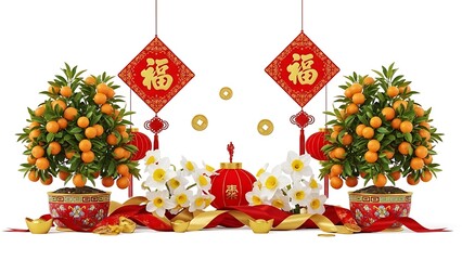 A detailed Chinese New Year celebration scene centered on an isolated white background, featuring traditional red lanterns glowing warmly, golden fu characters symbolizing blessings, horse fire